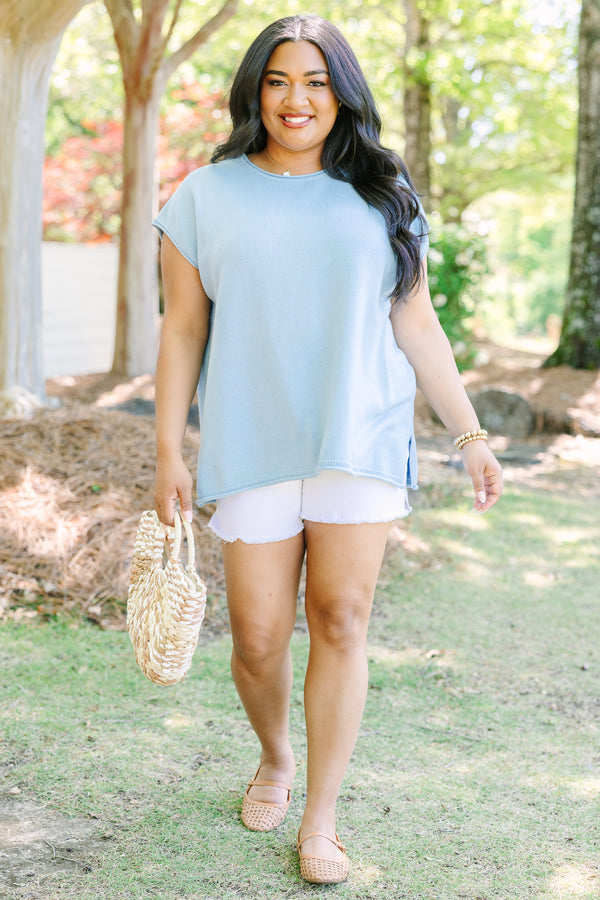 Chic soul plus size clothing, Lightweight blue knit sweater with cap sleeves and a relaxed fit.