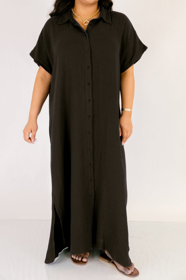 Chic Soul plus size clothing, black short sleeve maxi dress with buttons down the front of the dress and collar