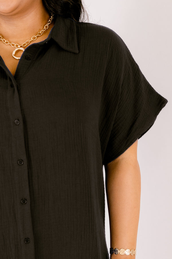 Chic Soul plus size clothing, black short sleeve maxi dress with buttons down the front of the dress and collar