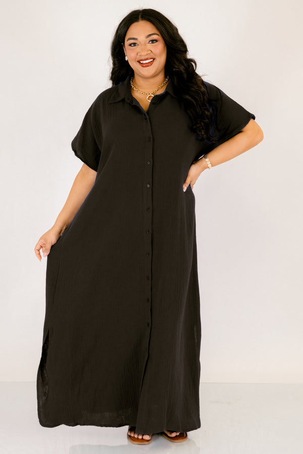 Chic Soul plus size clothing, black short sleeve maxi dress with buttons down the front of the dress and collar