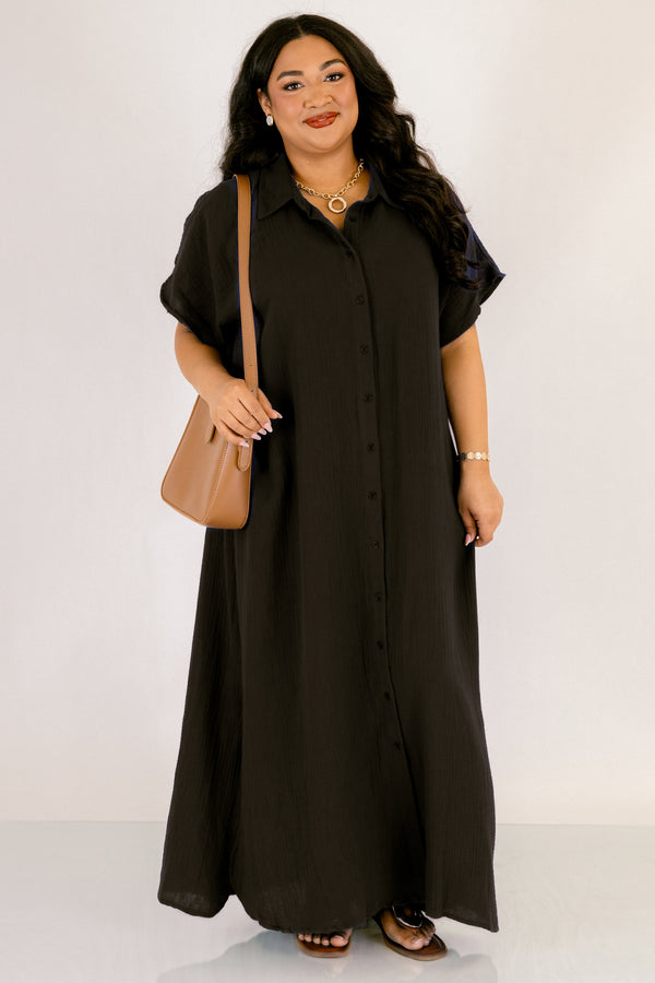 Chic Soul plus size clothing, black short sleeve maxi dress with buttons down the front of the dress and collar
