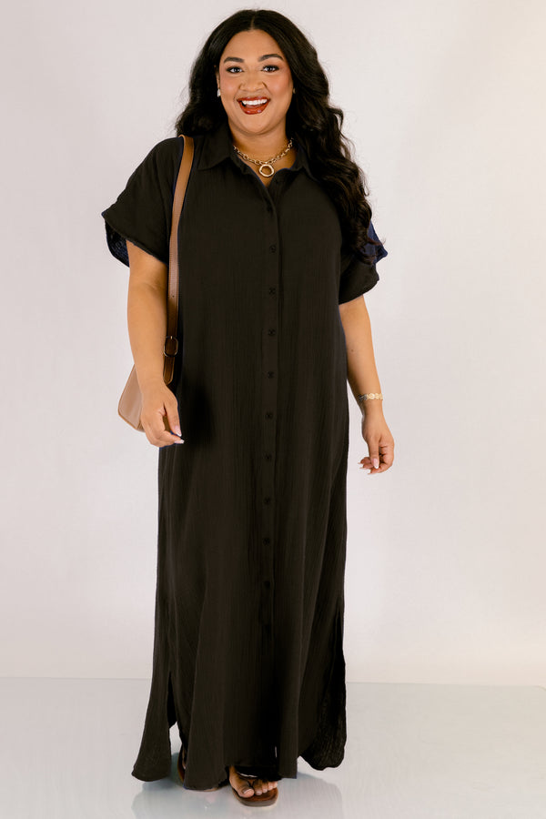 Chic Soul plus size clothing, black short sleeve maxi dress with buttons down the front of the dress and collar