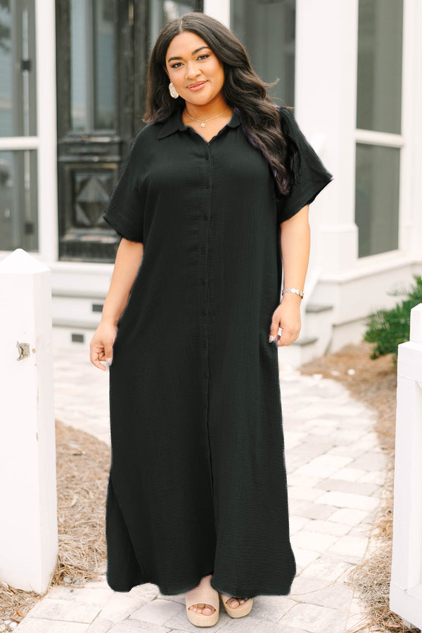 Chic Soul plus size clothing, black short sleeve maxi dress with buttons down the front of the dress and collar