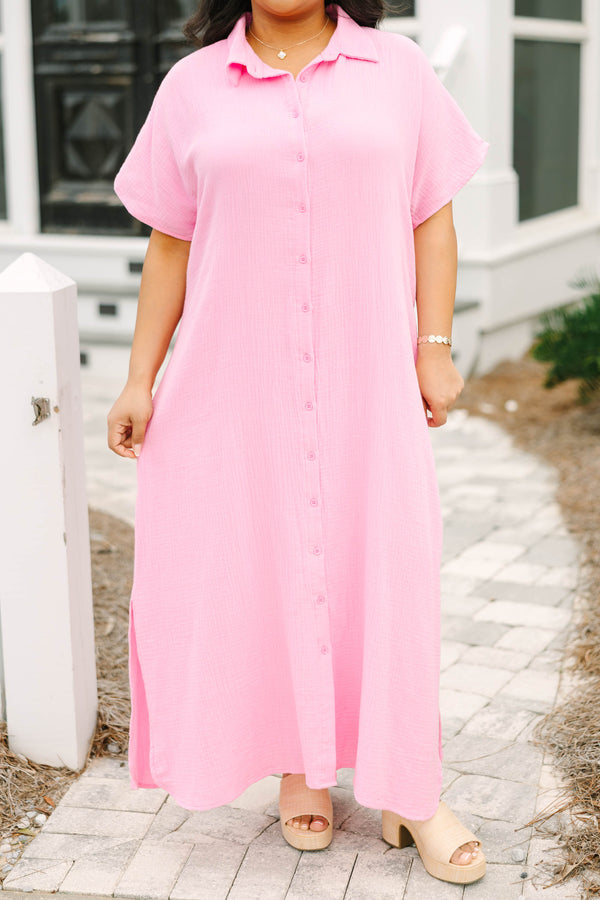 Chic Soul plus size clothing, bubble gum pink button-up maxi dress with short sleeves and a collar 