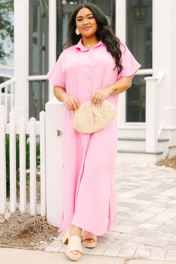 Chic Soul plus size clothing, bubble gum pink button-up maxi dress with short sleeves and a collar 
