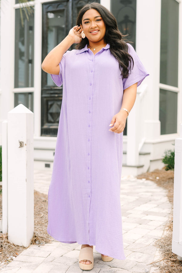 Chic Soul plus size clothing, lilac purple short sleeve maxi dress with collar and buttons down the middle to the bottom of the dress