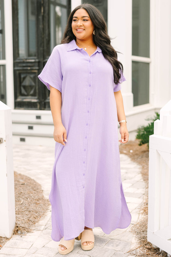 Chic Soul plus size clothing, lilac purple short sleeve maxi dress with collar and buttons down the middle to the bottom of the dress