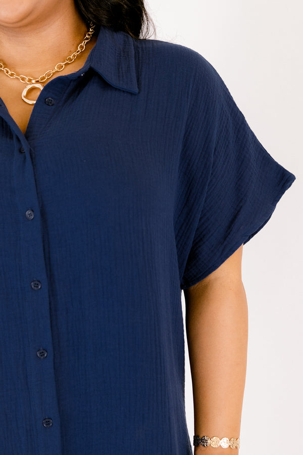 Chic Soul plus size clothing, navy short sleeve button up collared maxi dress