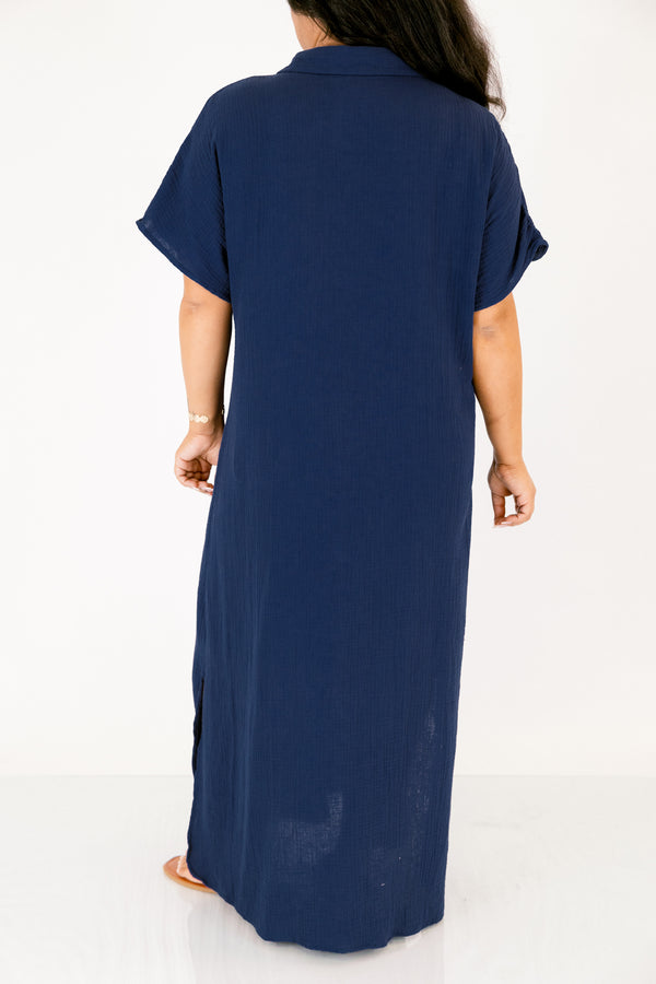 Chic Soul plus size clothing, navy short sleeve button up collared maxi dress