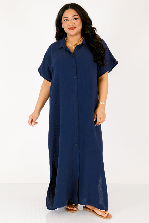 Chic Soul plus size clothing, navy short sleeve button up collared maxi dress