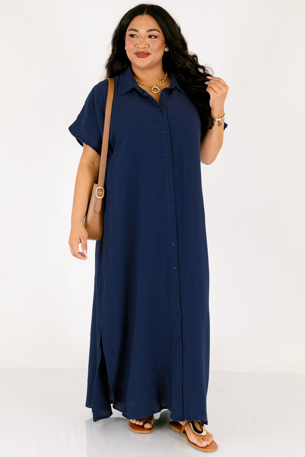 Chic Soul plus size clothing, navy short sleeve button up collared maxi dress