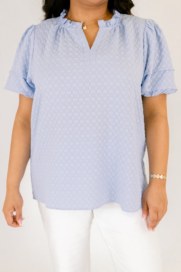Chic Soul plus size clothing, light blue puff sleeve top with textured fabric and piping detailing around the sleeves