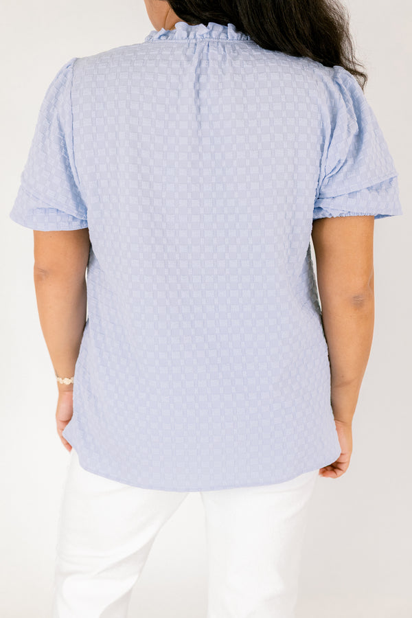 Chic Soul plus size clothing, light blue puff sleeve top with textured fabric and piping detailing around the sleeves