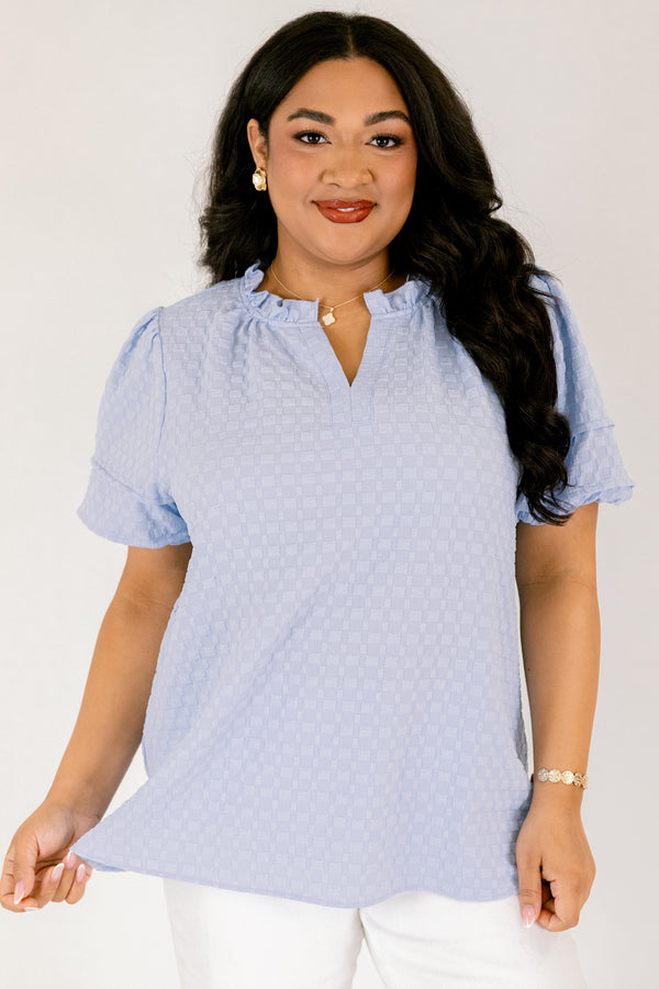 Chic Soul plus size clothing, light blue puff sleeve top with textured fabric and piping detailing around the sleeves