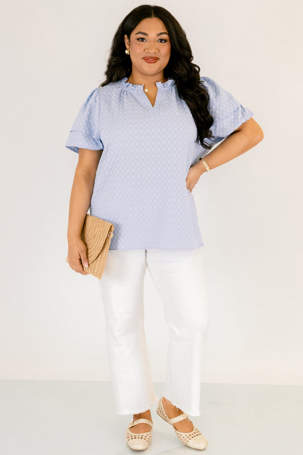 Chic Soul plus size clothing, light blue puff sleeve top with textured fabric and piping detailing around the sleeves