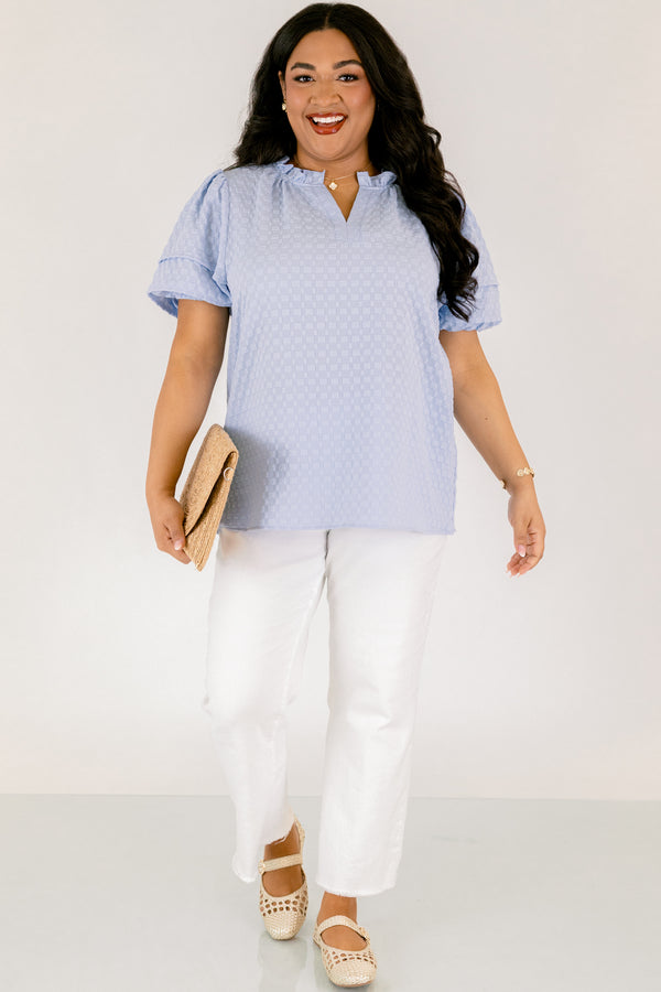 Chic Soul plus size clothing, light blue puff sleeve top with textured fabric and piping detailing around the sleeves