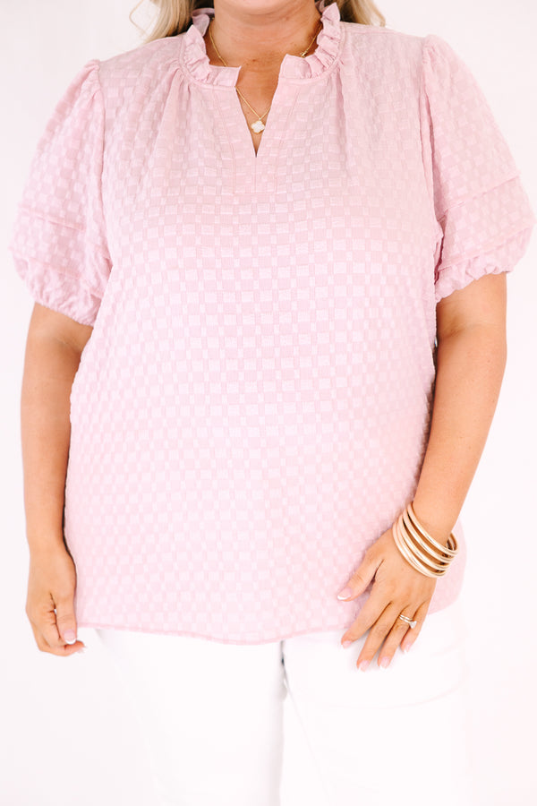 Chic Soul plus size clothing, pink top with short bubble sleeves a slight v-neckline as well as a ruffle collar and a subtle square pattern throughout
