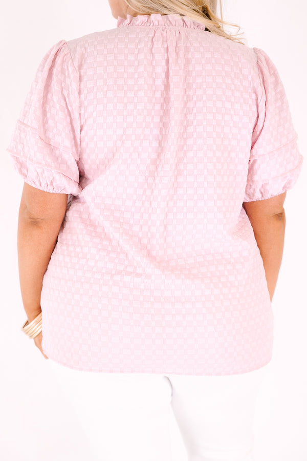 Chic Soul plus size clothing, pink top with short bubble sleeves a slight v-neckline as well as a ruffle collar and a subtle square pattern throughout
