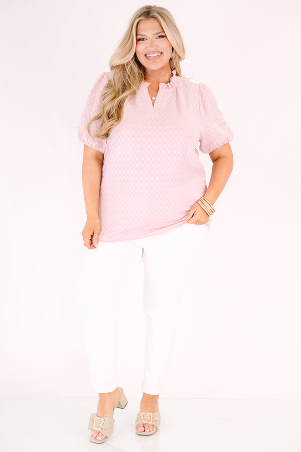Chic Soul plus size clothing, pink top with short bubble sleeves a slight v-neckline as well as a ruffle collar and a subtle square pattern throughout

