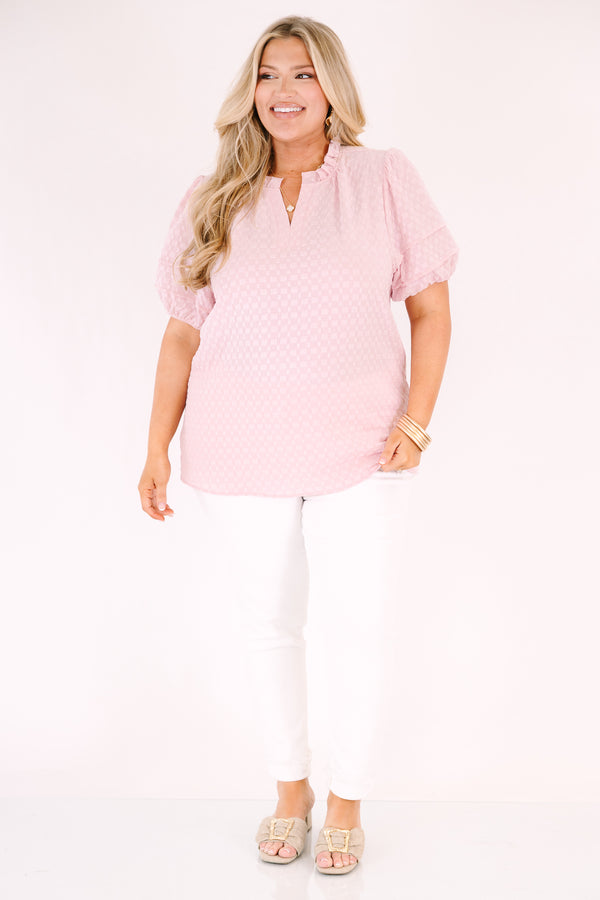 Chic Soul plus size clothing, pink top with short bubble sleeves a slight v-neckline as well as a ruffle collar and a subtle square pattern throughout
