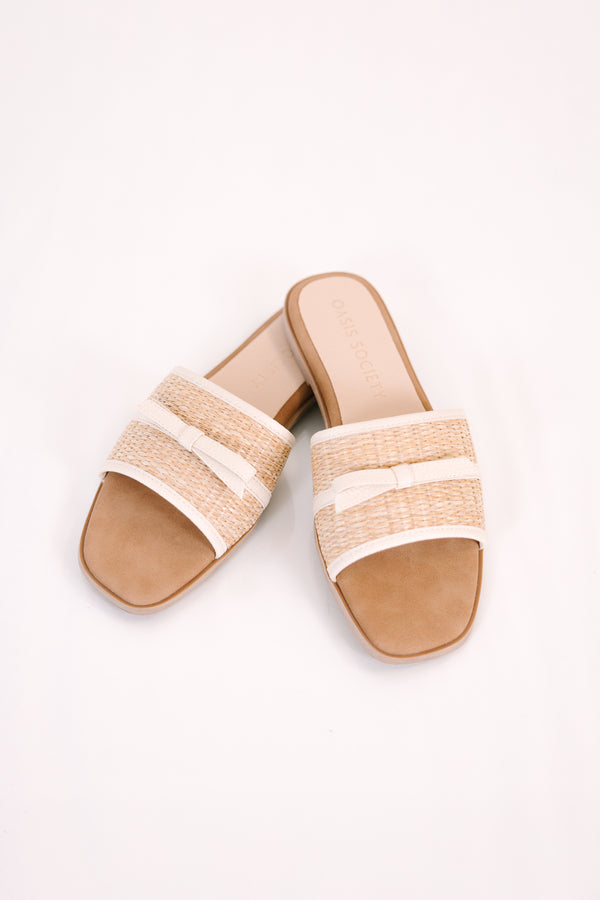 Plus Size natural woven slide sandals with a square toe and cream bow detail.