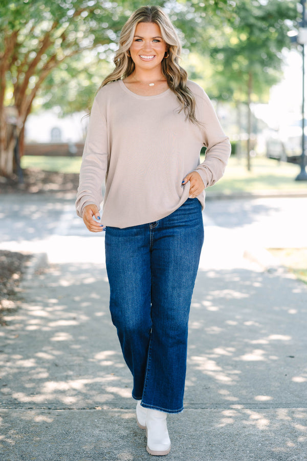 Plus size taupe Sweater, featuring a relaxed fit and soft viscose fabric.