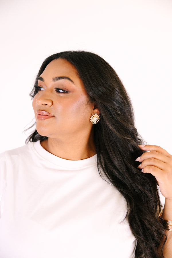 Chic Soul plus size clothing, gold stud earrings with sunburst design and pearls in the center