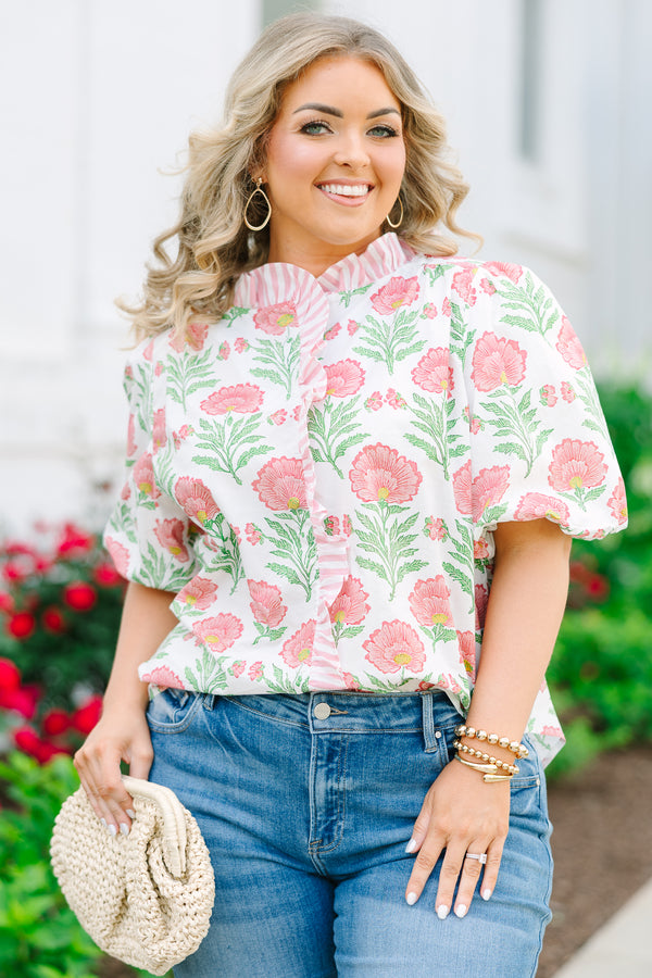 Chic Soul plus size clothing, white top with large pink floral design with puff sleeves and striped ruffle neckline and front button detail