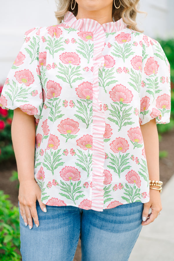 Chic Soul plus size clothing, white top with large pink floral design with puff sleeves and striped ruffle neckline and front button detail