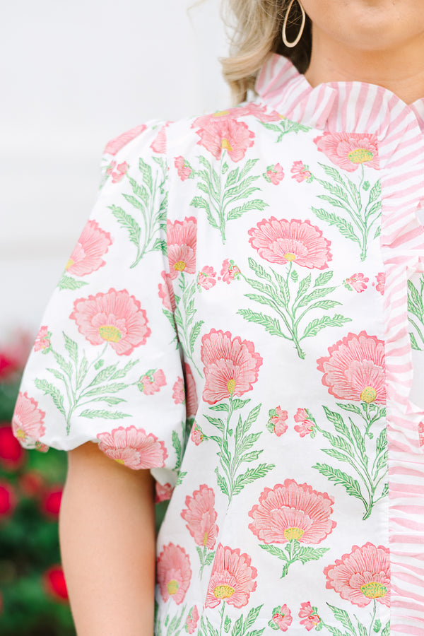 Chic Soul plus size clothing, white top with large pink floral design with puff sleeves and striped ruffle neckline and front button detail