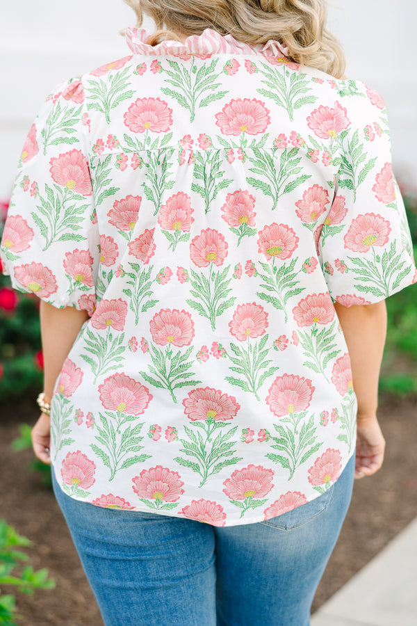 Chic Soul plus size clothing, white top with large pink floral design with puff sleeves and striped ruffle neckline and front button detail