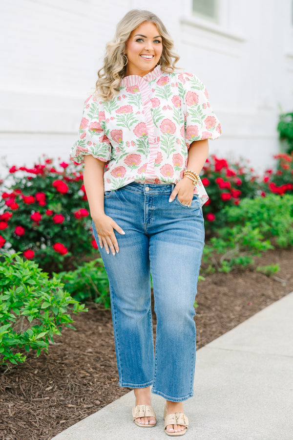 Chic Soul plus size clothing, white top with large pink floral design with puff sleeves and striped ruffle neckline and front button detail