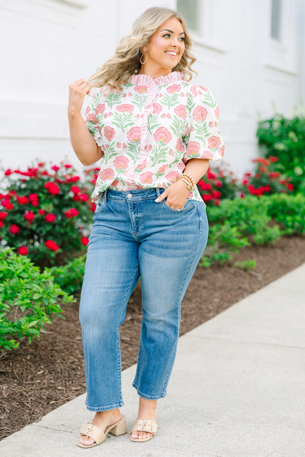 Chic Soul plus size clothing, white top with large pink floral design with puff sleeves and striped ruffle neckline and front button detail