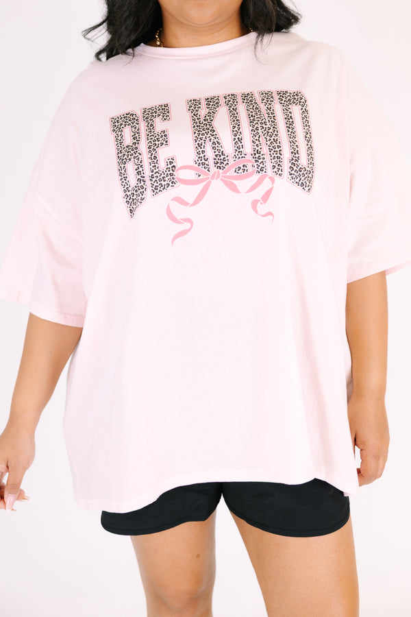 Chic soul plus size clothing, Oversized cream pink boyfriend tee with leopard print BE KIND text and a pink bow graphic.