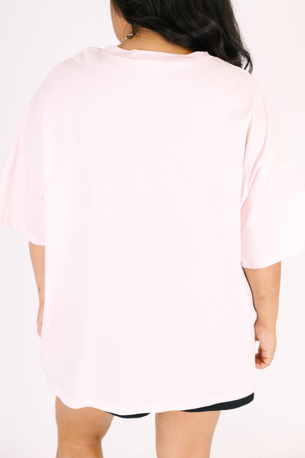 Chic soul plus size clothing, Oversized cream pink boyfriend tee with leopard print BE KIND text and a pink bow graphic.