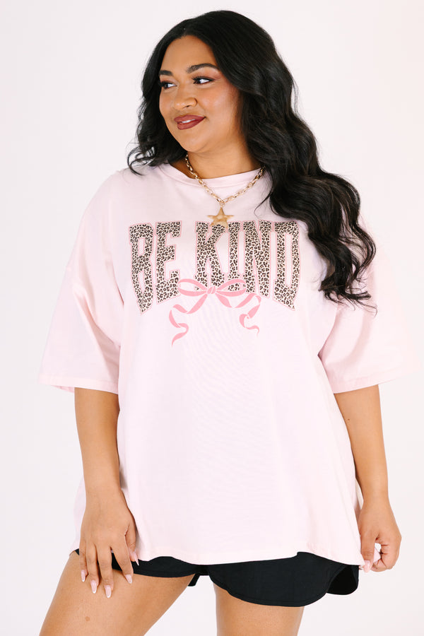 Oversized cream pink boyfriend tee with leopard print BE KIND text and a pink bow graphic.