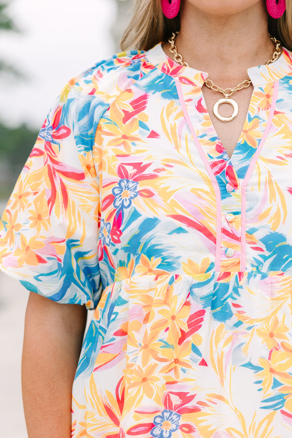 Plus Size yellow floral print cotton dress with a split v-neck, puff sleeves, and ruffled hem.
