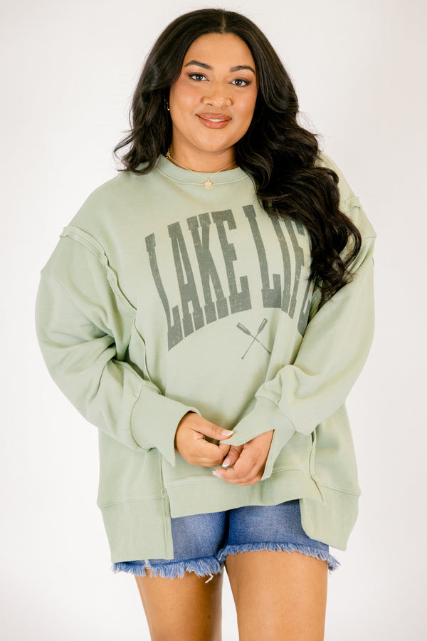 Chic Soul plus size clothing, light green long sleeve crewneck pullover with 