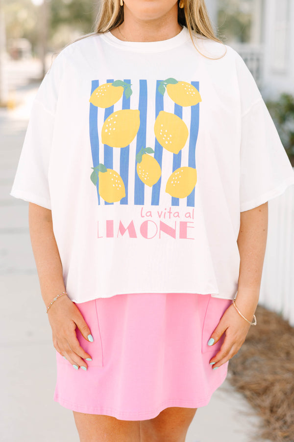 Chic Soul plus size clothing, white short sleeve vintage wash cropped tee with blue and white stripe square on the front of the tee with yellow lemons inside of the square and 