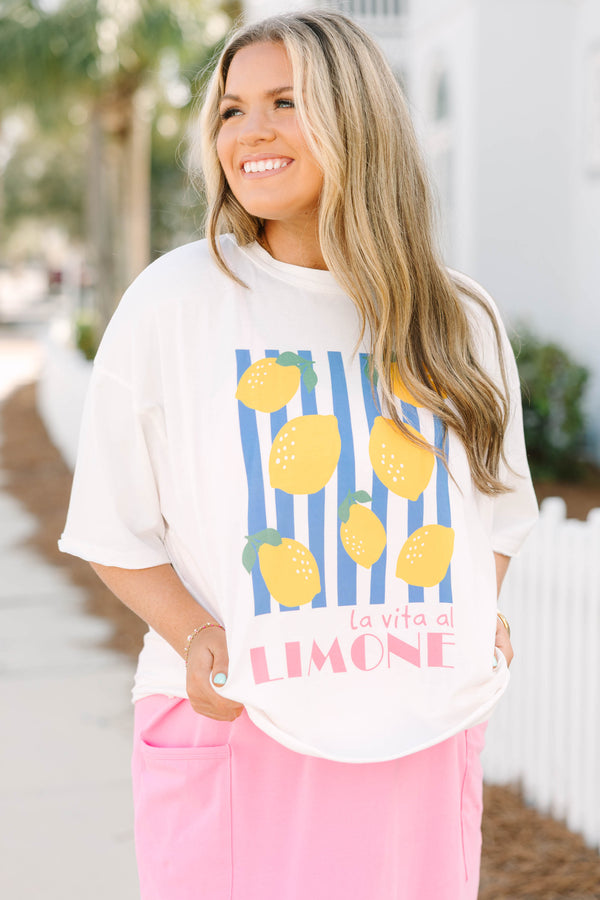 Chic Soul plus size clothing, white short sleeve vintage wash cropped tee with blue and white stripe square on the front of the tee with yellow lemons inside of the square and 