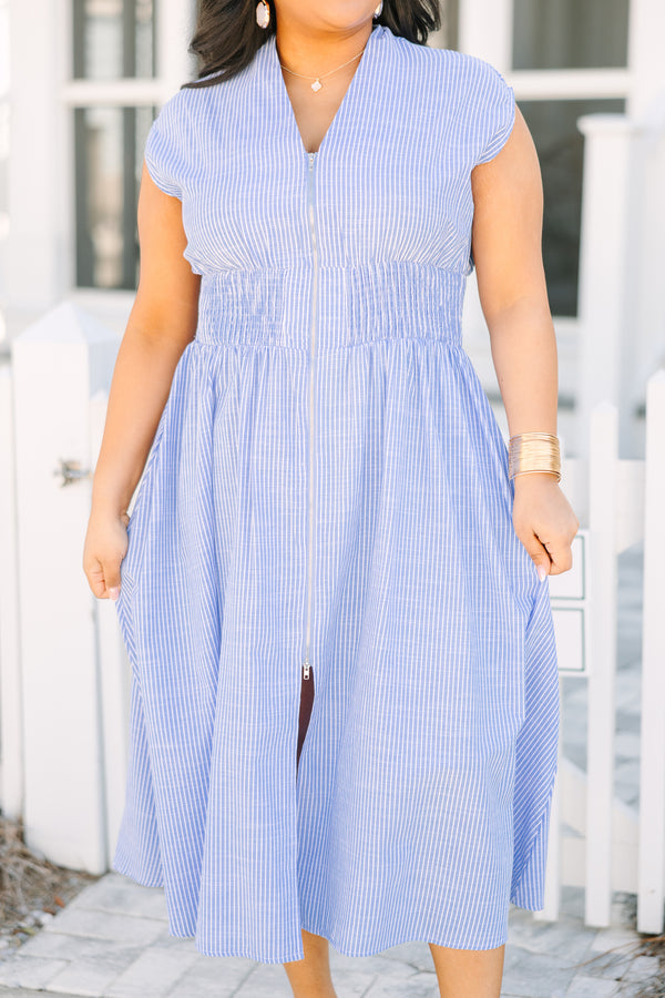 Chic Soul plus size clothing, light blue pin stripe cap sleeve v neck maxi dress with a zipper down the front and cinched waist