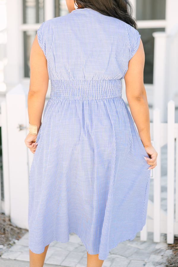 Chic Soul plus size clothing, light blue pin stripe cap sleeve v neck maxi dress with a zipper down the front and cinched waist