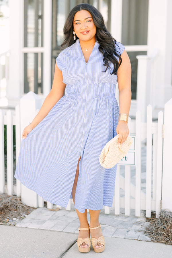 Chic Soul plus size clothing, light blue pin stripe cap sleeve v neck maxi dress with a zipper down the front and cinched waist