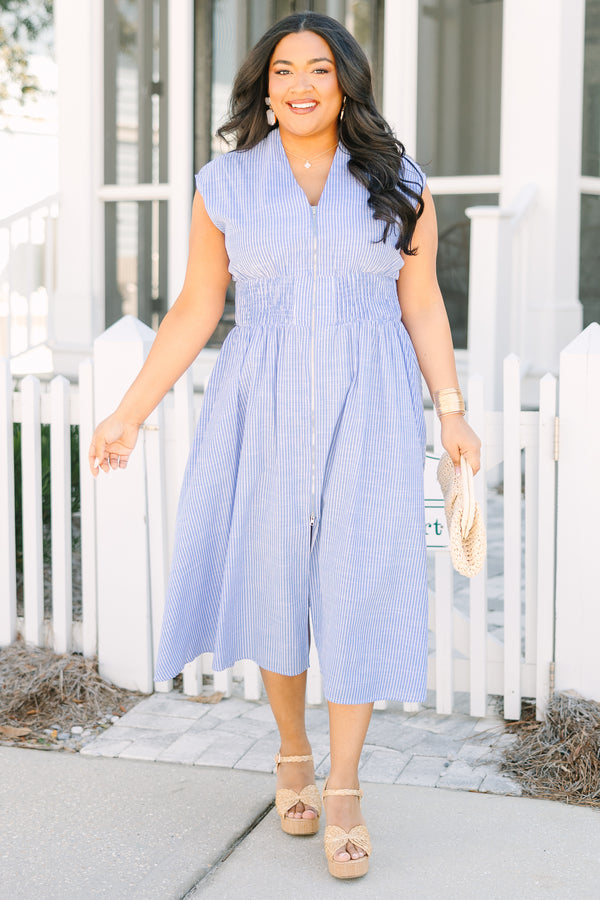 Chic Soul plus size clothing, light blue pin stripe cap sleeve v neck maxi dress with a zipper down the front and cinched waist
