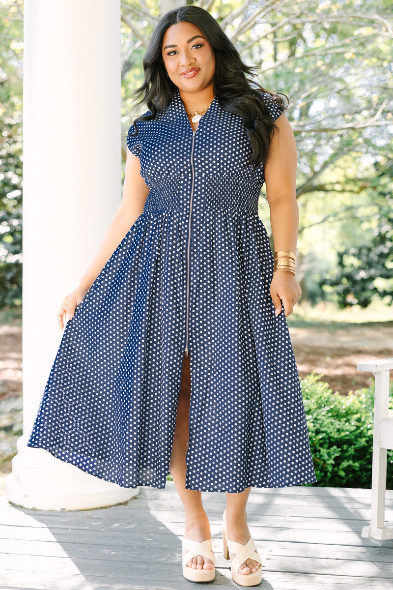 Late Night Skies Dress, Navy Polka Dot – Chic Soul