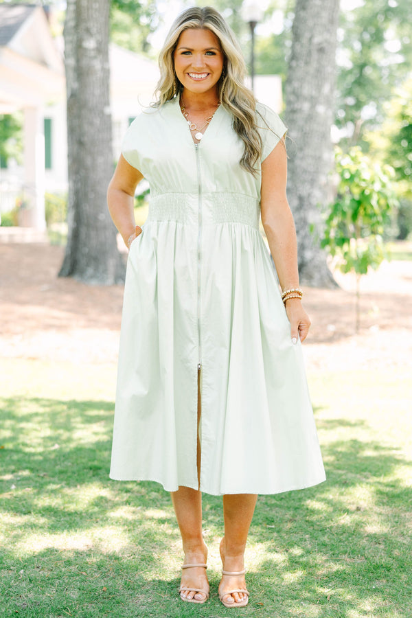 Chic Soul plus size clothing, sage midi dress with zipper closure down the front