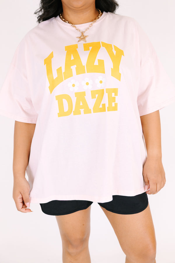 Chic Soul plus size clothing, light pink oversized boyfriend tee with bright yellow block font 
