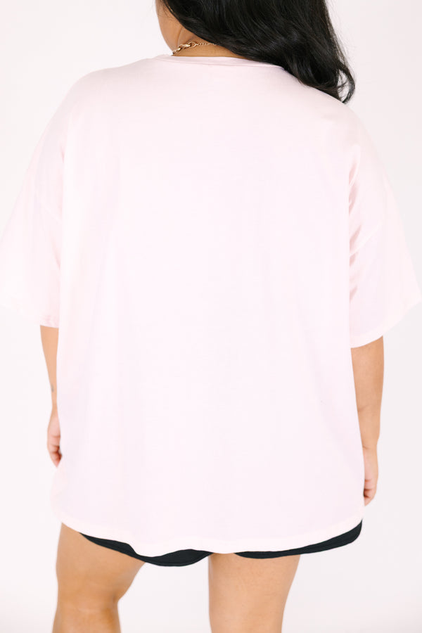 Chic Soul plus size clothing, light pink oversized boyfriend tee with bright yellow block font 