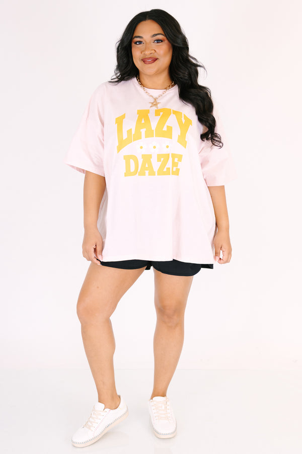 Chic Soul plus size clothing, light pink oversized boyfriend tee with bright yellow block font 