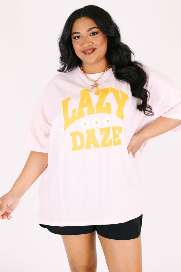 Chic Soul plus size clothing, light pink oversized boyfriend tee with bright yellow block font 